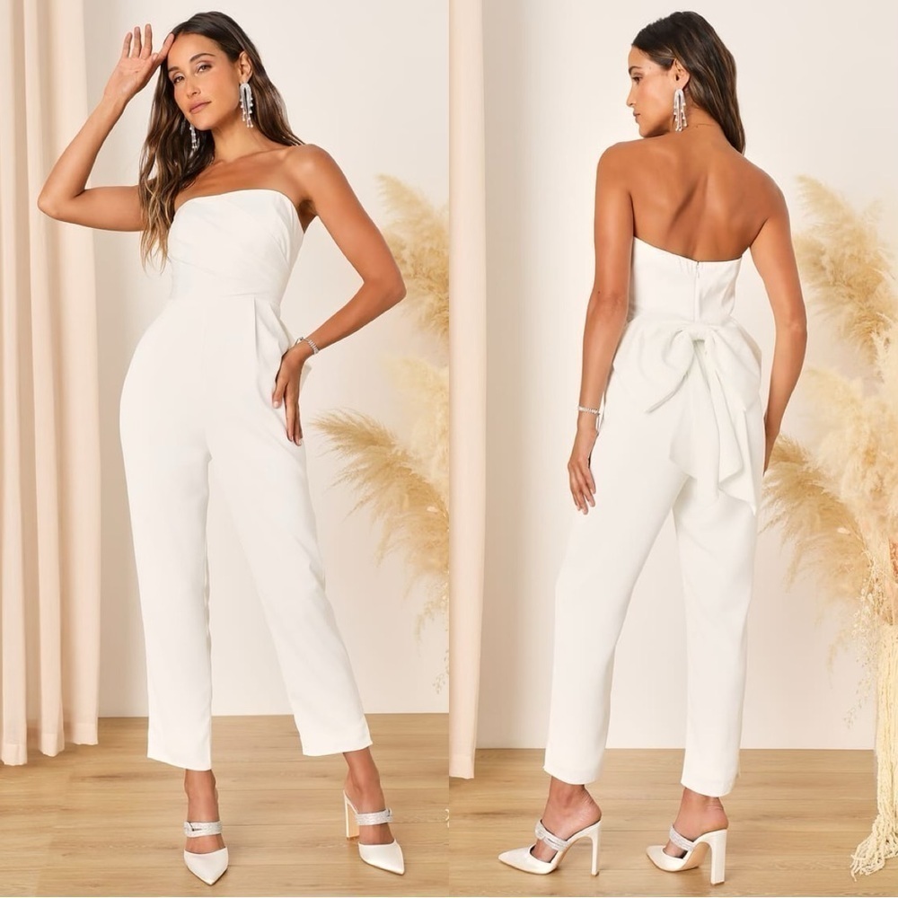 NWOT Lulus Beloved Bliss Ivory Strapless Slim Leg Bow Jumpsuit‎